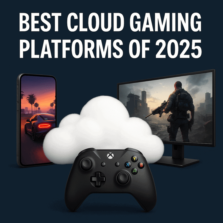 Futuristic gamer surrounded by holographic screens showing cloud gaming platforms like GeForce NOW, Shadow PC, Boosteroid, and Xbox Cloud Gaming — concept image for Best Cloud Gaming Platforms 2025.