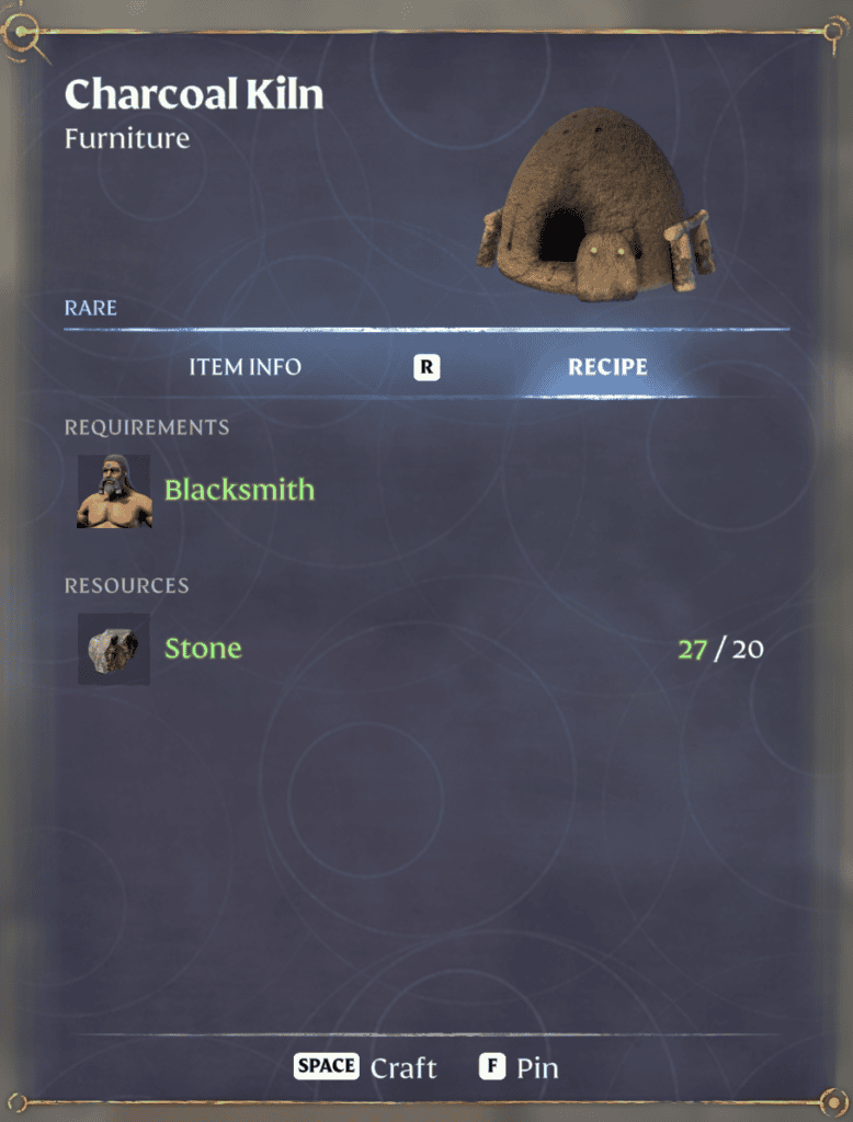 Enshrouded Charcoal Kiln needs 20 stone to build