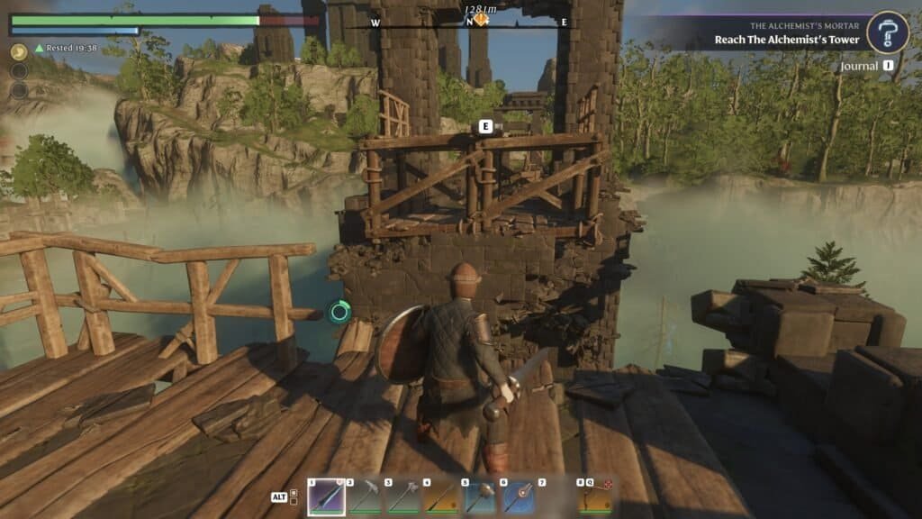 Enshrouded Using the Grappling hook by pressing E