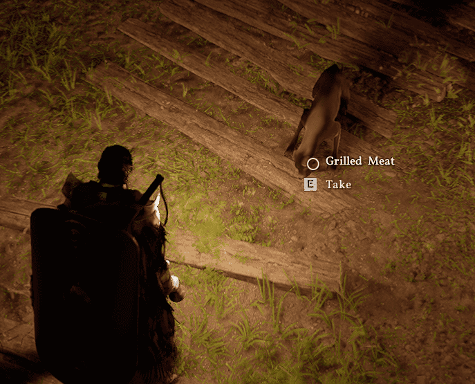 Feed the dog by dropping meat